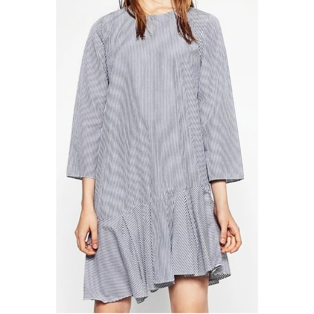Zara Trafaluc Blue White Striped Ruffle Hem Mini Shift Dress Womens XS Cottage